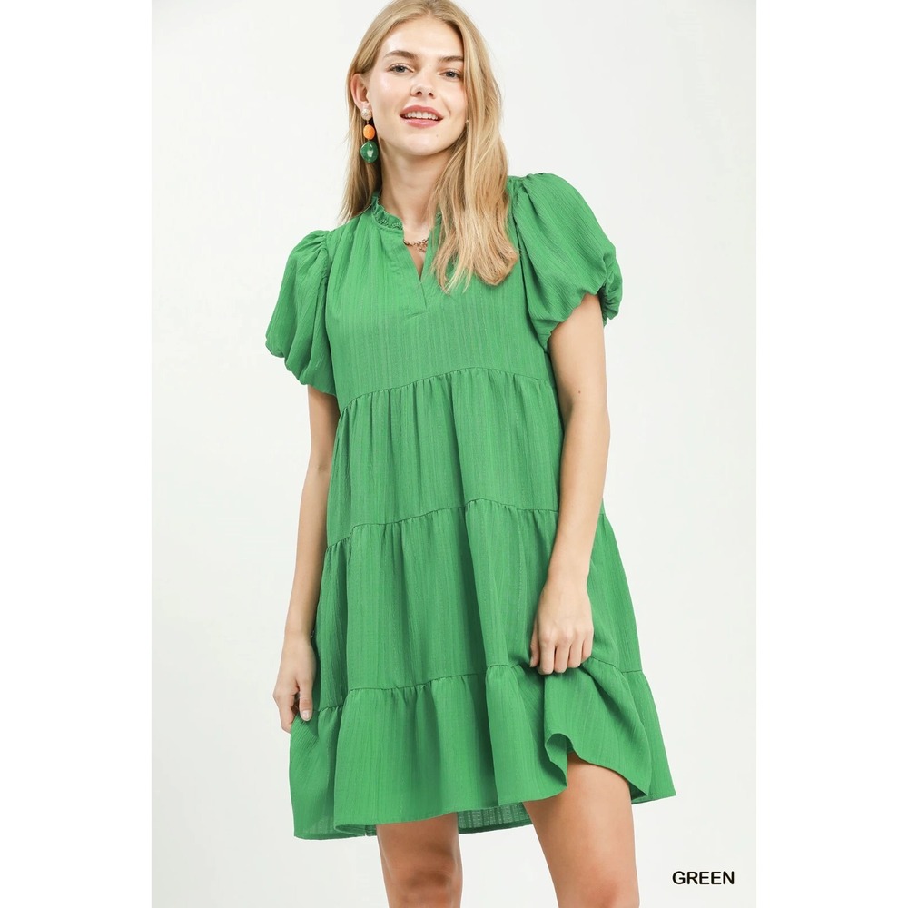 Umgee Puff Sleeve Tiered Babydoll Dress -‎ Green - Medium